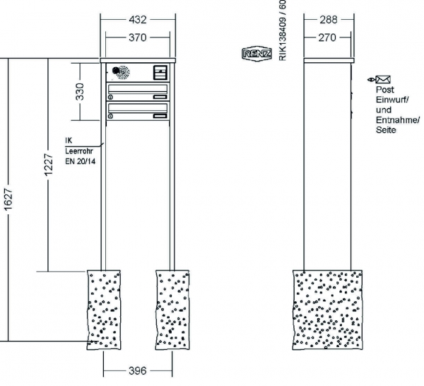 RENZ Briefkastenanlage freistehend, Tetro, Edelstahl V4A, Kastenformat 370x110x270mm, mit Klingel - & Lichttaster und Vorbereitung Gegensprechanlage, 2-teilig